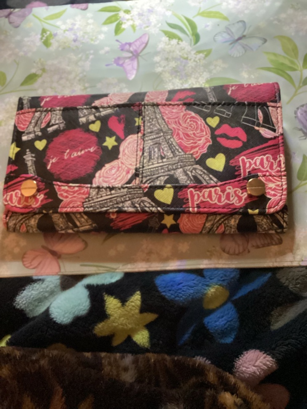 Source Unknown Paris-Themed Trifold Wallet in Black, Pink, Red, Yellow